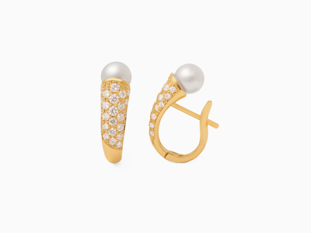 Aretes en oro amarillo de 18k media argolla con perla y brillantes Online Sale