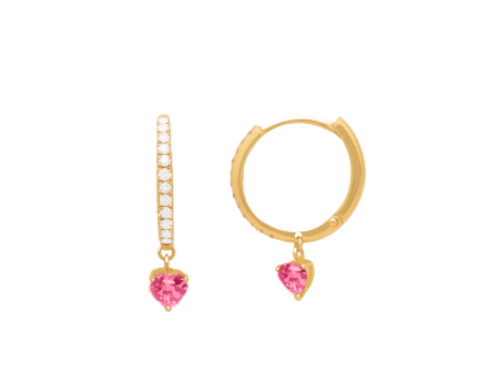 Aretes argollas en oro amarillo de 18k con brillantes y turmalina rosa For Cheap