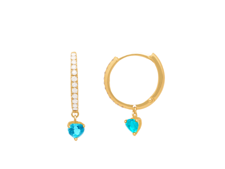 Aretes argollas en oro amarillo de 18k con brillantes y topacio azul on Sale