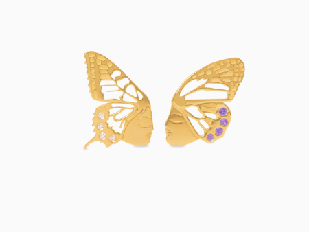 Aretes Almas Gemelas en oro amarillo de 18K forma mariposa con brillantes y amatistas Fashion