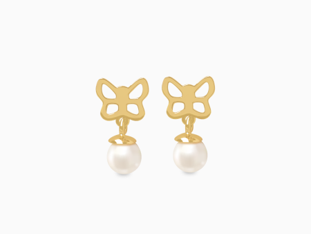 Aretes en oro amarillo de 18K mariposa calada con perla colgante Cheap