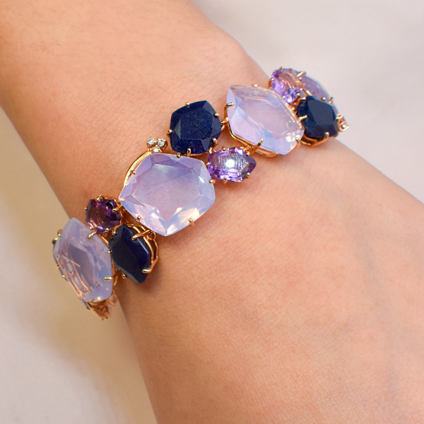 Pulsera en oro rosado de 18K amatista. opalo lila, cuarzo azul marino y brillantes Online Sale