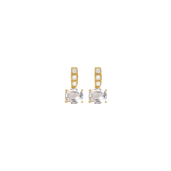 Aretes en oro amarillo 18K con cuarzo cristal cushion con barrita con curvas y brillantes Sale