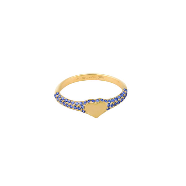 Anillo en oro amarillo de 18K con corazón liso plano y laterales con zafiros For Discount