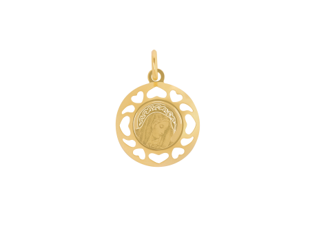 Dije en oro amarillo de 18K medalla redonda con corazones calados y grabado de la Virgen on Sale